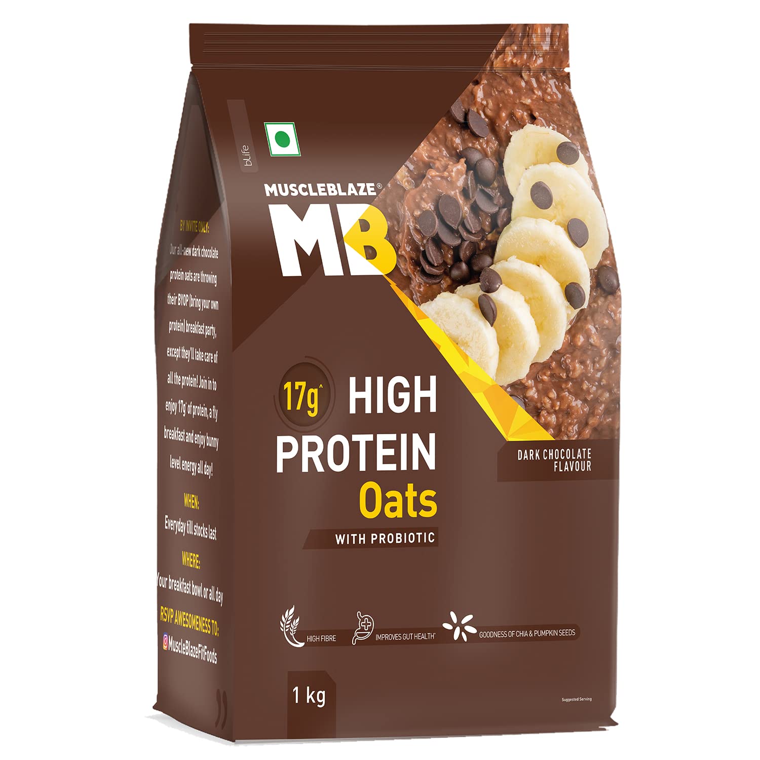 MuscleBlaze High Protein Oats with Added Probiotics, 17 g Protein, Rolled Oats, Breakfast Cereals, Gluten Free, Trans Fat Free, for Weight Management, Dark Chocolate, 400 g