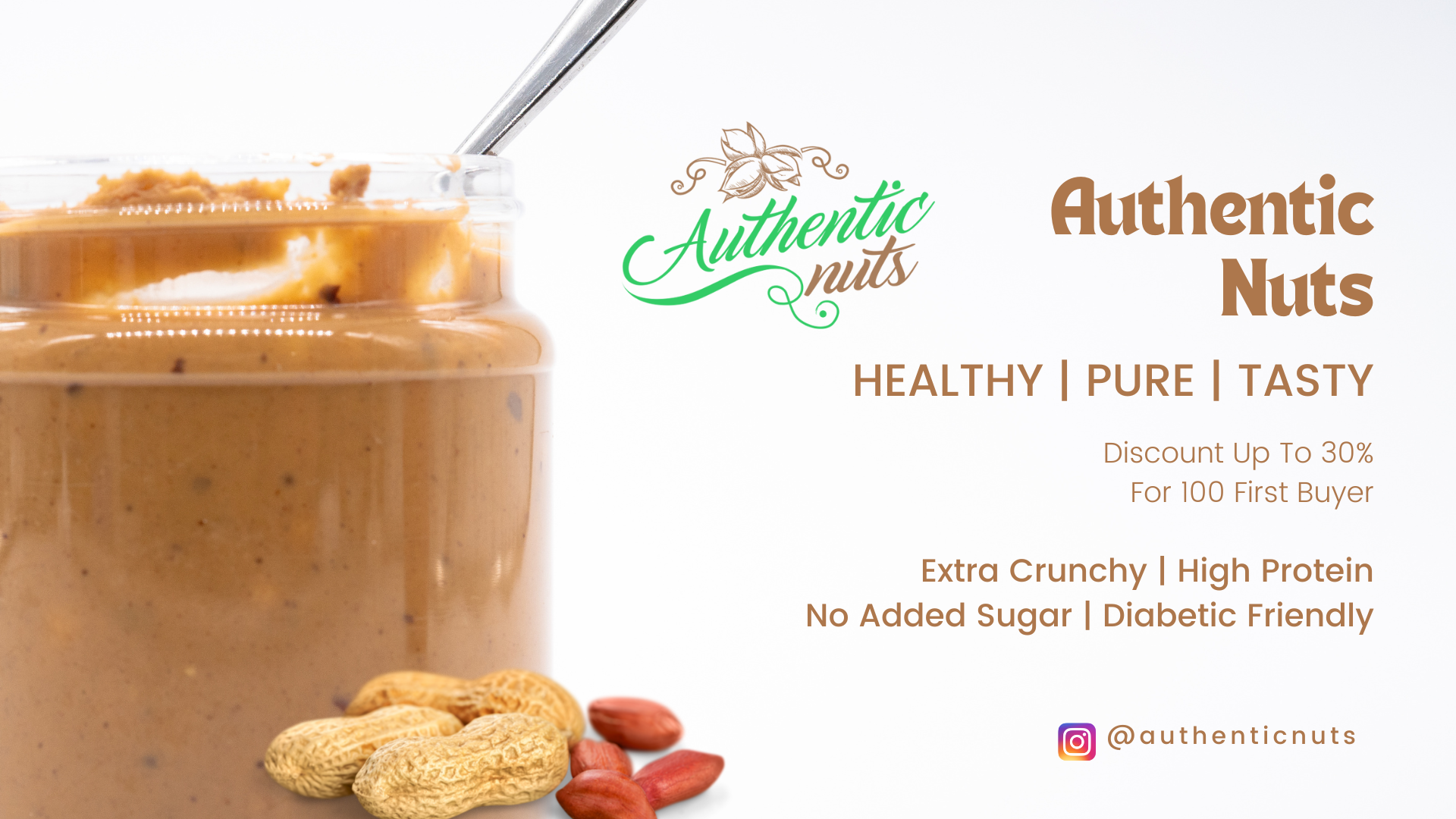 Authentic Nuts (Peanut Butter) 1kg, Sugar Free (Buy 2 Get 1 Free)