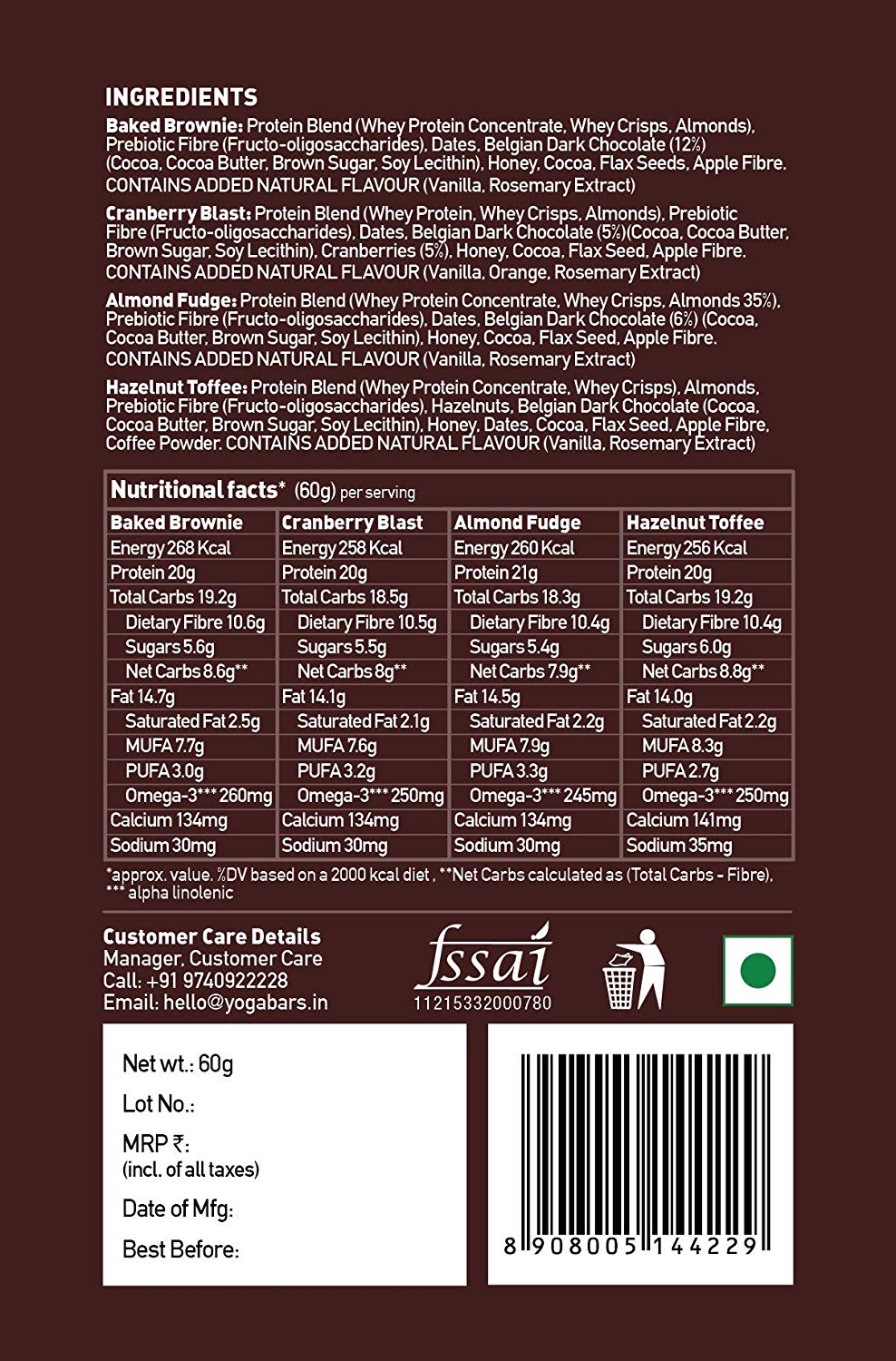 Yogabar Protein Variety Box -360gm (Chocolate Brownie, Cranberry, Almond Fudge, Hazlenut, Pack of 6, 60gm x 6 Bars)